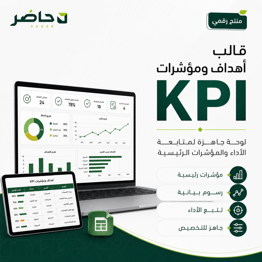 قالب أهداف ومؤشرات KPI | متابعة الأداء — حاضر | Hader