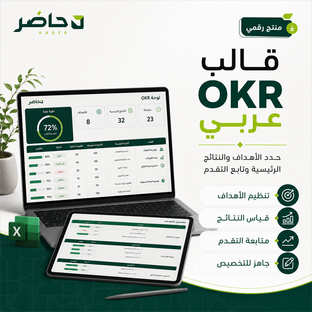 قالب OKR عربي | الأهداف والنتائج الرئيسية — حاضر | Hader