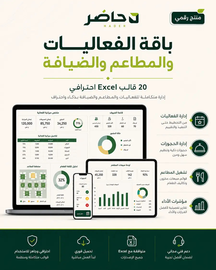 قوالب الفعاليات والمطاعم والضيافة Excel | 20 قالب — حاضر | Hader
